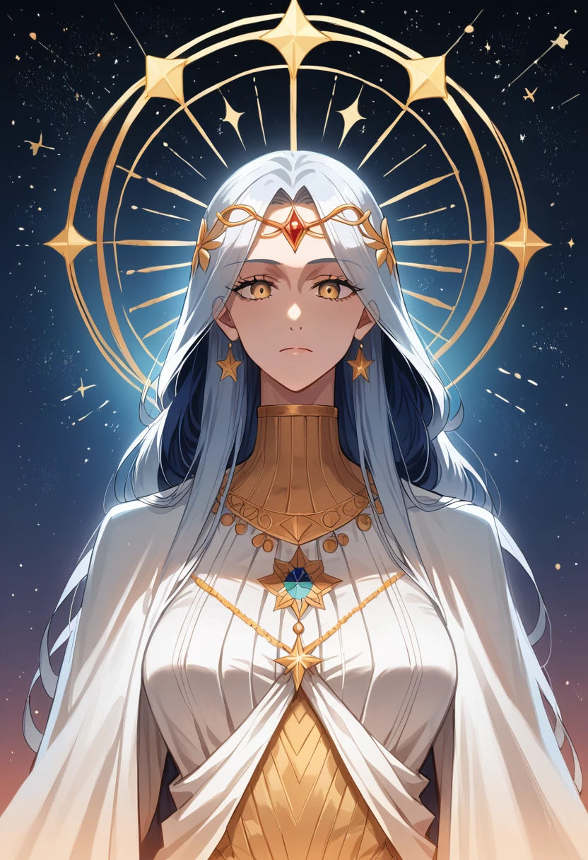 ((best quality)), ((masterpiece), of a mature tall 30 years old woman, powerfull, goddess of the light, gold circlet, long hair made of light,, mystic, with detailled gold eyes, she stay in the middle of the univers, with stars and nebula, as cosmic center radiating mysteries of the universe and rhythmic energy of existence