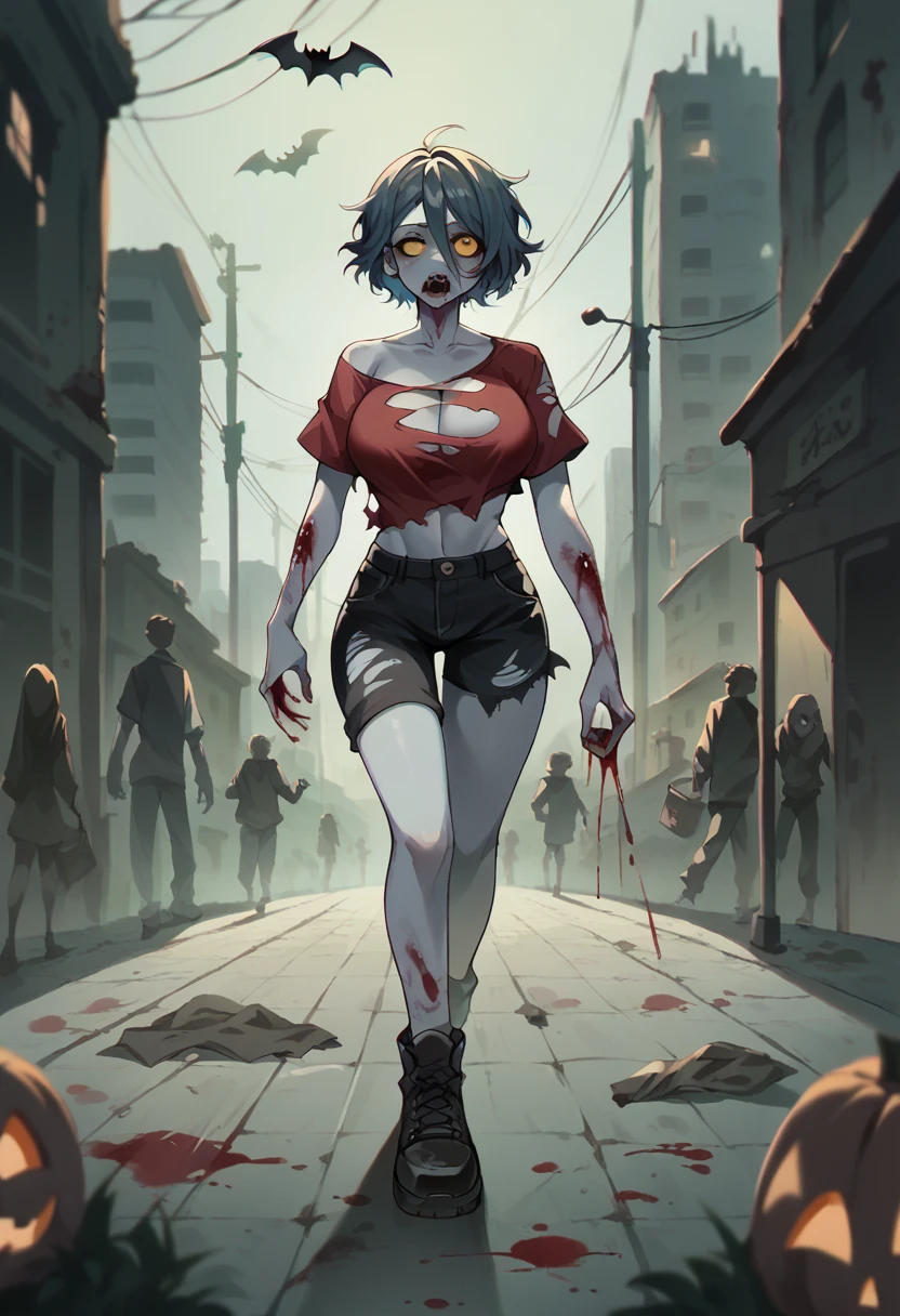 NSFW, a zombie girl with ripped clothes walking towards viewer, grey skin, decaying zombie girl, halloween, large bust, torn shirt, hot zombie girl, apocalyptic city, ruined buildings, blood and gore