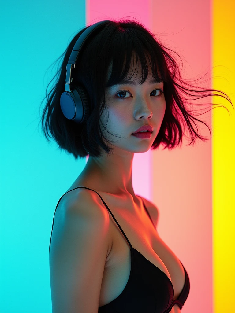 real photograph, (masterpiece), (highest quality), (Super detailed), (messy hair), (shape), (one japanese girl), (chiffon frill bikini), wireless headphone, sitting down, Fashion Model, (simple cyaan pink red background), fine and beautiful eyes, pretty faced, floating, (high color saturation), focus on face, black bob cut hair, floating Hairs, (shining), best shadow,