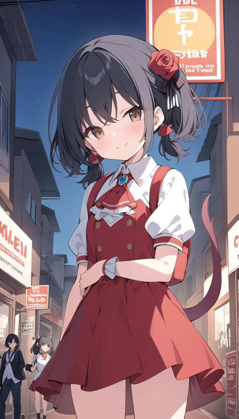 masterpiece, Best Quality,  Kampala,  very detailed ,(((Yuki Kaori))), (((Black Hair))), ((( Brown Eyes ))), ((( Rose Tail))), ((( Short Twin Tail ))), (((Hair accessories))), ((( white shirt ))), (((Ascot))), (((Puffy short sleeves))), ((( red dress ))), ((( collared shirt))), (((Backpacks))), ((( standing in the distance))), (((Around town))), (((smile))), (((evening))), ((( sign)))