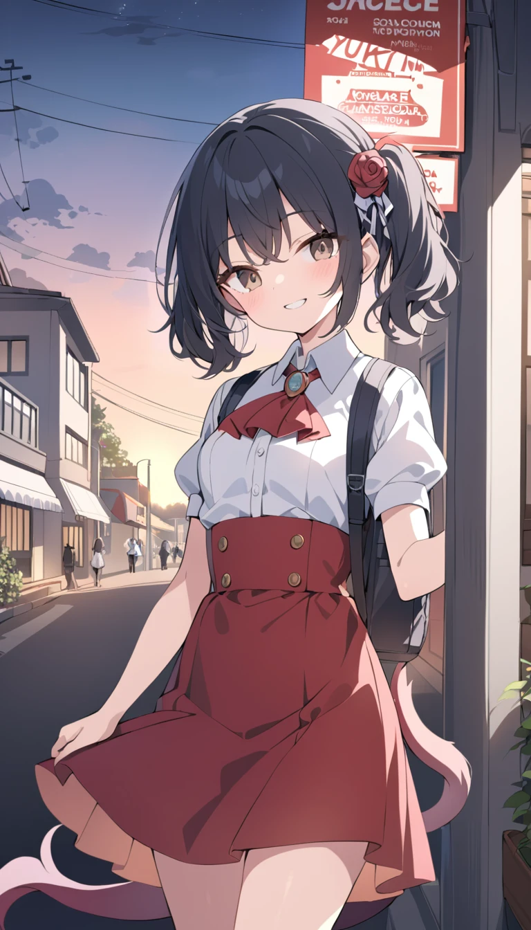 masterpiece, Best Quality,  Kampala,  very detailed ,(((Yuki Kaori))), (((Black Hair))), ((( Brown Eyes ))), ((( Rose Tail))), ((( Short Twin Tail ))), (((Hair accessories))), ((( white shirt ))), (((Ascot))), (((Puffy short sleeves))), ((( red dress ))), ((( collared shirt))), (((Backpacks))), ((( standing in the distance))), (((Around town))), (((smile))), (((evening))), ((( sign)))