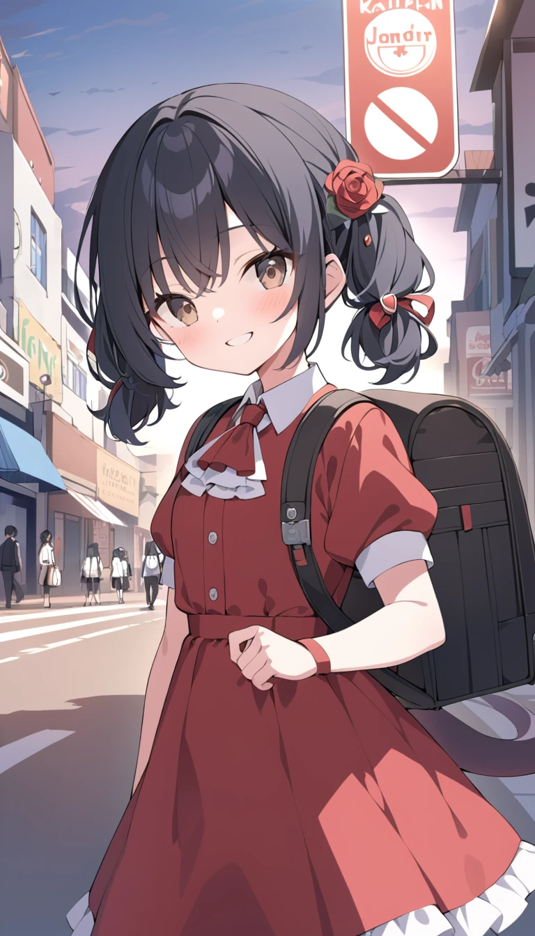 masterpiece, Best Quality,  Kampala,  very detailed ,(((Yuki Kaori))), (((Black Hair))), ((( Brown Eyes ))), ((( Rose Tail))), ((( Short Twin Tail ))), (((Hair accessories))), ((( white shirt ))), (((Ascot))), (((Puffy short sleeves))), ((( red dress ))), ((( collared shirt))), (((Backpacks))), ((( standing in the distance))), (((Around town))), (((smile))), (((evening))), ((( sign)))