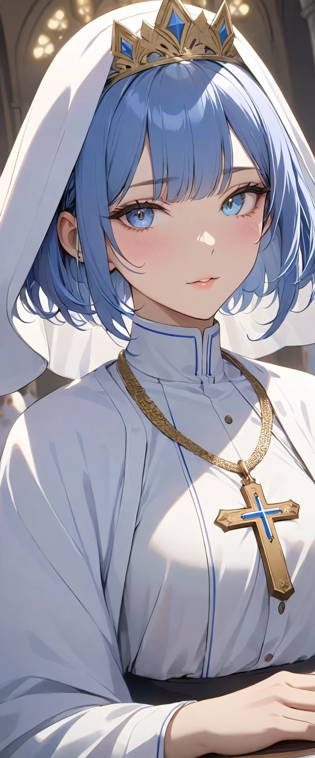 (((Best quality, 8k, Masterpiece: 1.3)), ((best quality)), ((masterpiece)), (detailed), perfect face, high detailed fingers, blue hair, short hair, tokin hat, tiara, Saint Lucia, Priest, light blue robes embroidered with silver thread, Big cross necklace, gold cross, Clerical clothing