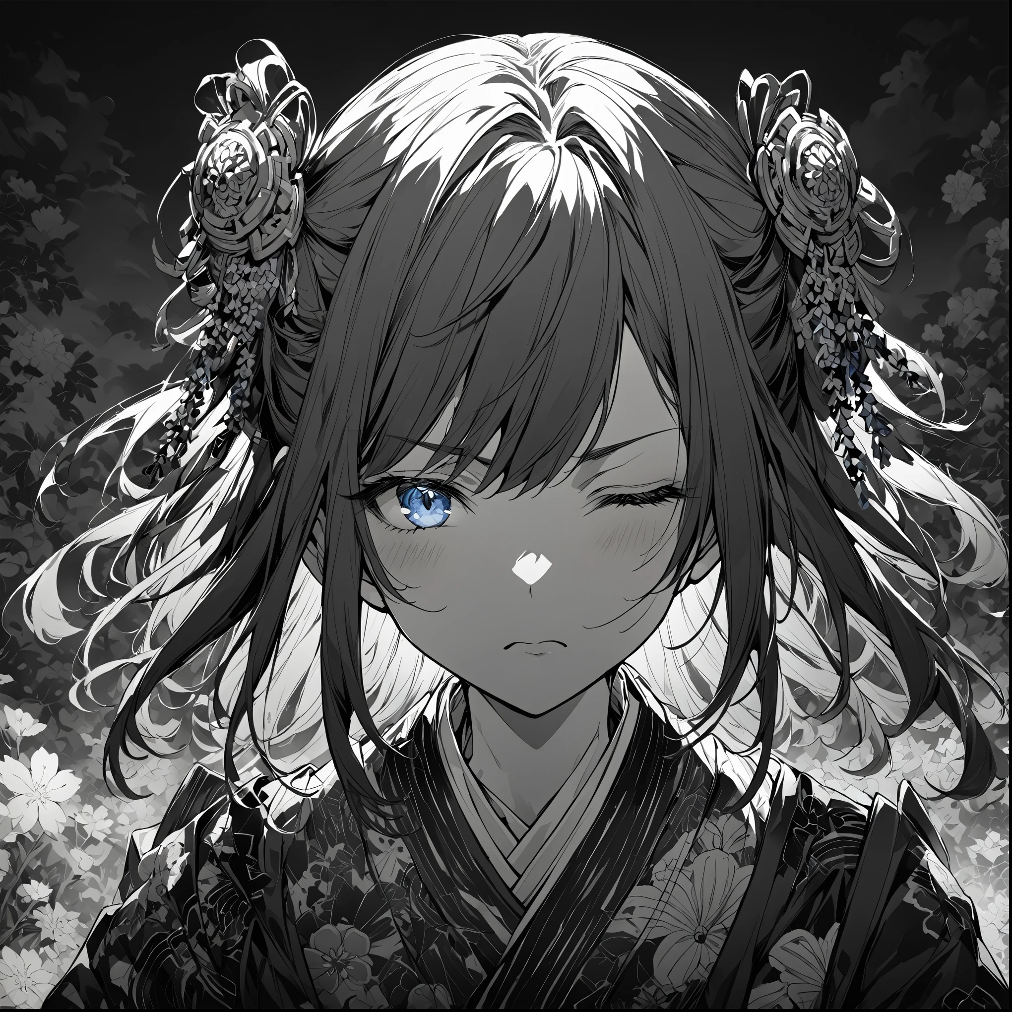 1girl, beautiful anime style portrait, blue monochrome, oriental wallpaper, pink, emotional, highly anime style, Japanese samurai, flowers, eyes closed, soft lighting, detailed description, strong expression, kimono ornaments, blurred background, vivid color style, deep emotional feel, front view