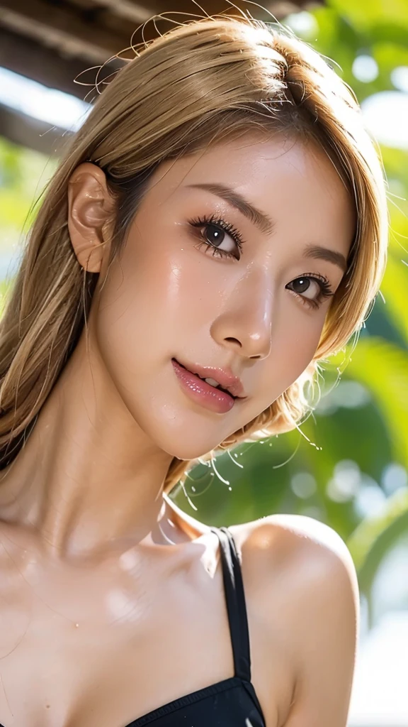 Higher quality than photo, beautiful woman with high nose, Japanese, (blonde hair 1.5), brown eyes, dark brown skin, loud pink lipstick, yamamba gal, kogal, pure white eyeliner, pure white bridge of nose, smiling, very oily skin, under midsummer sun, sweating, full body, large breasts, (face close-up 1.2), beautifulnasal cavity, large nasal cavity, one mole under eye, oily skin, (looking straight up 1.3), chin up, wearing swimsuit, up, nostrils easily visible, close-up of face, image for nostril fetish, image that nose lovers will appreciate,