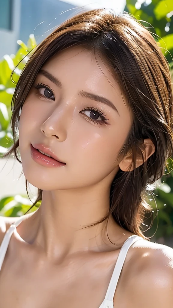 Higher quality than photo, beautiful woman with high nose, Japanese, (blonde hair 1.5), brown eyes, dark brown skin, loud pink lipstick, yamamba gal, kogal, pure white eyeliner, pure white bridge of nose, smiling, very oily skin, under midsummer sun, sweating, full body, large breasts, (face close-up 1.2), beautifulnasal cavity, large nasal cavity, one mole under eye, oily skin, (looking straight up 1.3), chin up, wearing swimsuit, up, nostrils easily visible, close-up of face, image for nostril fetish, image that nose lovers will appreciate,