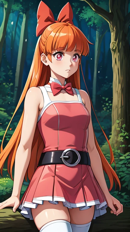 (1girl, Alone, Blossom), (extremely detailed CG unit 8k wallpaper),(master part), (best quality), (ultra detail), (best illustration),(Anime Cosmos Movie Style), cowboy shot, (Sharp eyeliner, ombre, detailed eyes:1), forest, outdoors background, ,break, upper body, long  orange hair, blunt bangs, pink eyes, hair bow, red bow, simple pink dress, simple black belt, white thighhighs