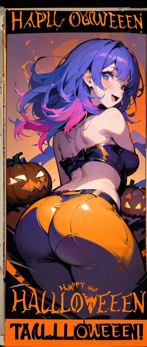 ((top-quality, masutepiece, Top image quality, 8K)), ((Perfect body, Beautiful face, Realistic mid-bust, Big ass)), (((Colorful color illustrations, Cinematic poster , The illustration has large letters "Happy halloween":1.3))), Against the backdrop of monsters and cute ghosts, Pumpkins, pumpkinheads, and pumpkin monsters party, rampage in the city late at night, drinking, singing, jumping, dancing, throwing, and breaking, their party doesn't end until morning,