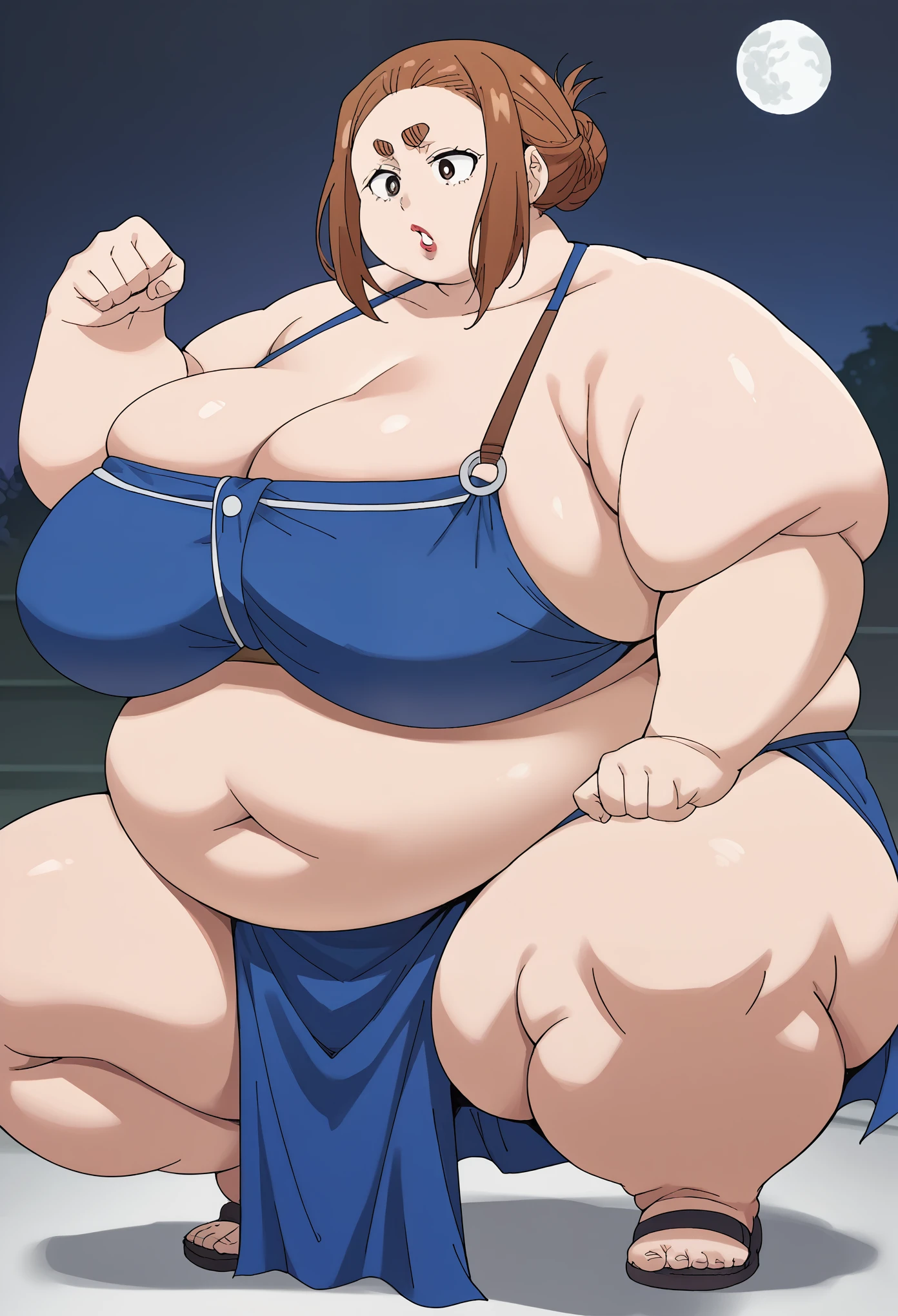 score_9, score_8_up, score_7_up, source_anime BREAK 1girl, ogawa sumireko, 1 girl, (((huge breasts))), hair up in a bun, bushy eyebrows, lipstick, Shinjuku, night, fat, chubby, obese, gigantic arms and legs, full body shot,obese,loincloth,  a mawashi, sumo wrestler, shiko dachi stance, horse stance, squatting 