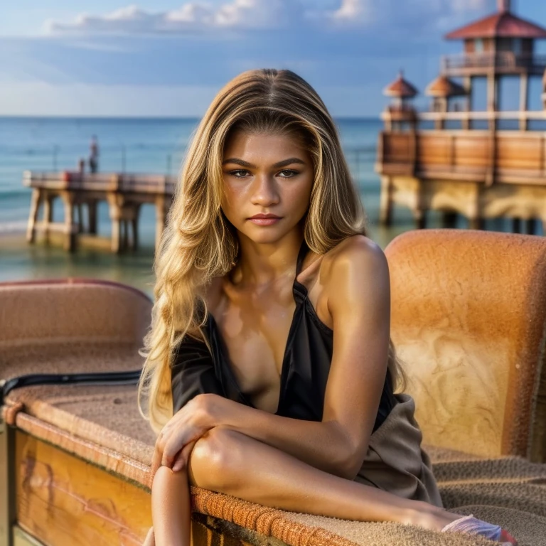 (zendaya:.4), (32k:1.5, Highest quality, masterpiece, Ultra-high resolution), Professional camera work:1.6, Highly detailed skin and face textures:1.3, Captivating portrait:1.2, Very accurate, Very detailed, 1 adult female, ((action pose:1.4)) Incredibly slim body, sense of loss, Sadness, Expressions of sadness,  Small face, ((long blond hair:1.3)), (medium shot), ((wearing long black dress:1.2)), ((on a pier of a sandy beach:1.5))