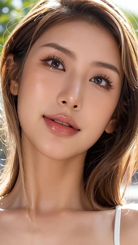 Higher quality than photo, beautiful woman with high nose, Japanese, (blonde hair 1.5), brown eyes, dark brown skin, loud pink lipstick, long tongue, kogal, pure white eyeliner, pure white bridge of nose, smiling, super oily skin, sweating in midsummer sun, full body, large breasts, (face close-up 1.2),Beautiful nasal cavity, large nasal cavity, one mole under eye, oily skin, (looking straight up 1.3), chin up, wearing swimsuit, up, easy to see nostrils, close-up of face, nostril fetish, image to please nostril lovers,