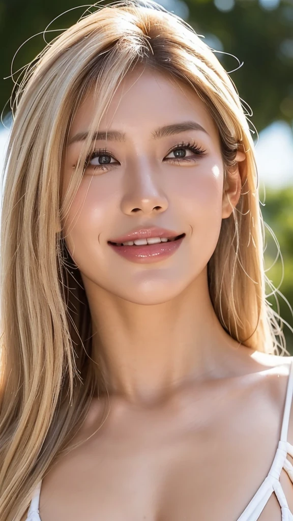 Higher quality than photo, beautiful woman with high nose, Japanese, (blonde hair 1.5), brown eyes, dark brown skin, loud pink lipstick, long tongue, kogal, pure white eyeliner, pure white bridge of nose, smiling, super oily skin, sweating in midsummer sun, full body, large breasts, (face close-up 1.2),Beautiful nasal cavity, large nasal cavity, one mole under eye, oily skin, (looking straight up 1.3), chin up, wearing swimsuit, up, easy to see nostrils, close-up of face, nostril fetish, image to please nostril lovers,