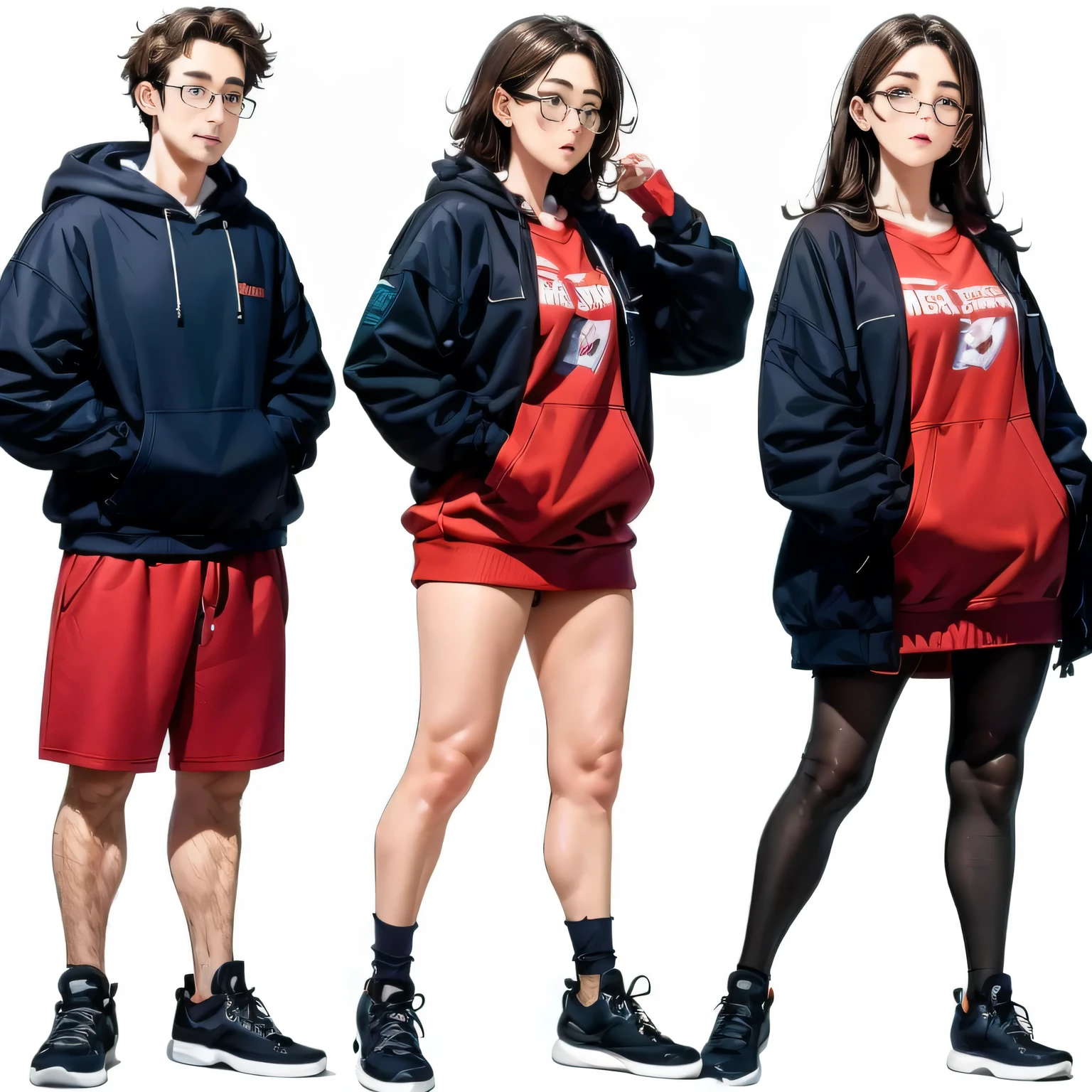 Gender transformation, full bodies shown, every stage shown, from skinny brunette guy to petite girl, glasses, femenization process, white background, hoodie, nerd, 4k, masterpiece, detailed