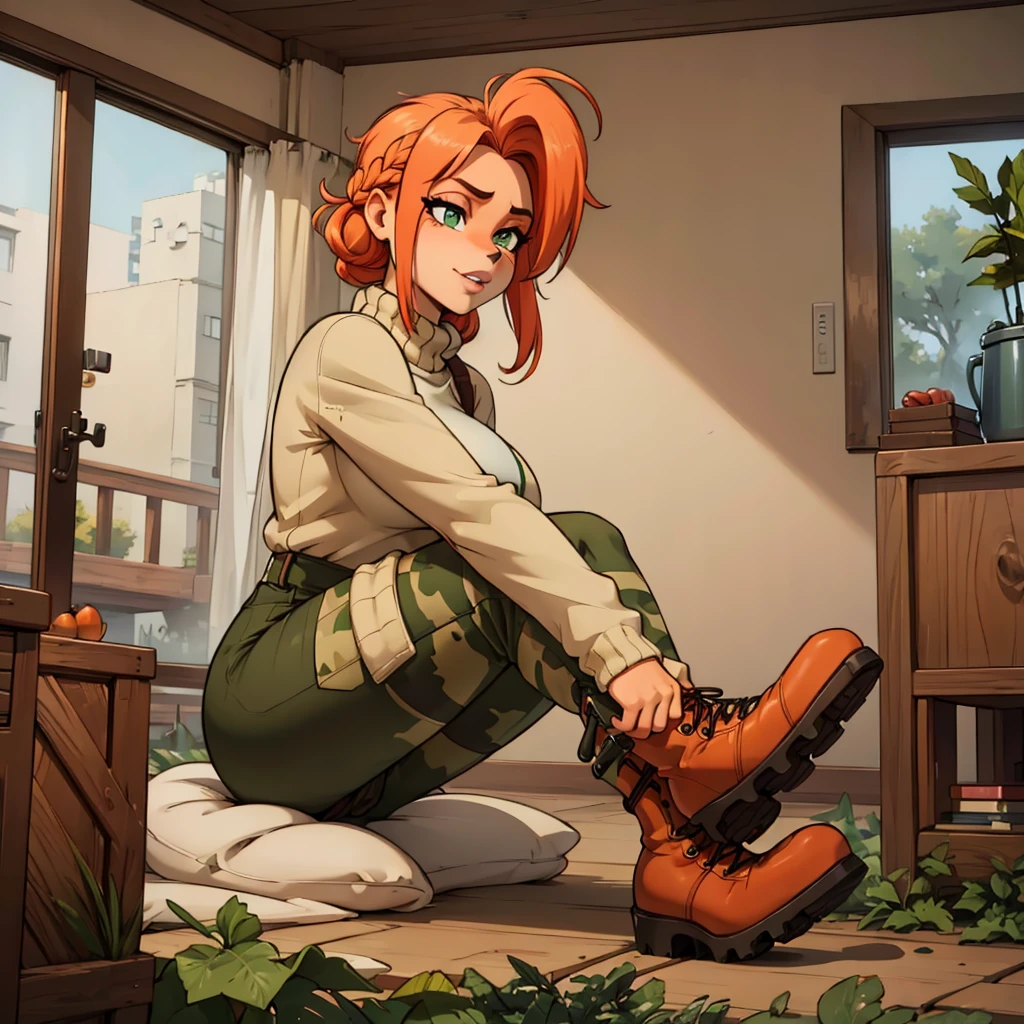 anthro bandicoot girl redhead, braided hair, beautiful green eyes, sexy, seductive, warm sweater, camouflage pants, army boots, cozy lighting, vibrant colors,  hands to boots, tying her shoelaces