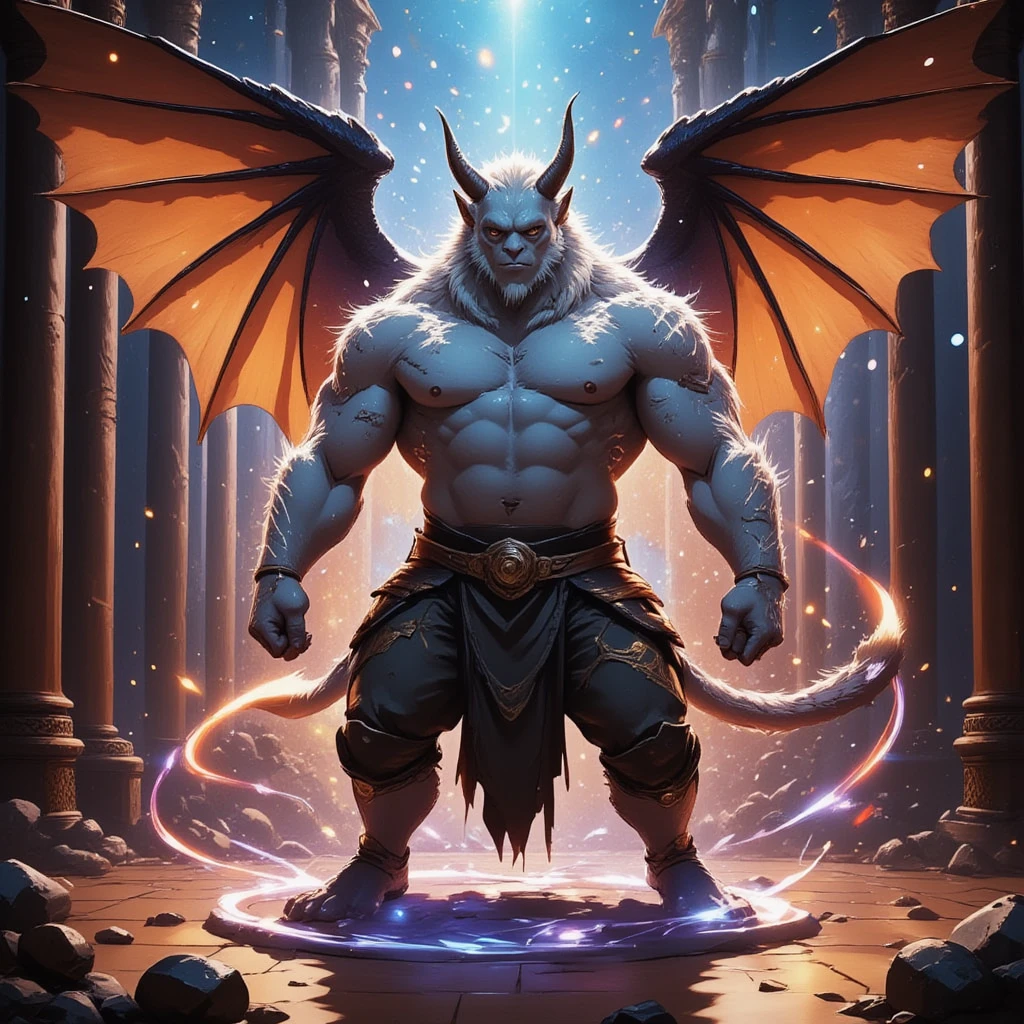 character focus, full body, looking away, dynamic angle, full body in Michelangelo Buonarroti style, housamo style, digital illustration anime, BREAK muscular middle-aged daemon man, silver gray skin, megabat wings, complete anatomy, perfect proportions, beautiful thigh gap, fluffy body, intricate fur details, beautiful fur texture, BREAK (a detailed elegant daemon 1 tail), detailed toe, 5toes, 5toes nails, beautiful foot, BREAK detailed hands, 5fingers, 5fingers nails, BREAK aesthetic anime face, insanity detailed face, male face, big face, square jawline, aesthetic anime eyes, detailed brown eyes, detailed brown cornea, detailed dark brown irises, detailed pupils, male eyes, big eyes, male eyebrows, innocent look, beautiful beard, BREAK clothed, costume, armor, loincloth, perfect composition, fighting, quantum electromagnetic life form force, dynamc pose, detailed painting landscape, kaleidoscopic swirls, old castle, indoor, full color HDR, BREAK masterpiece, official art, best quality, very aesthetic, absurdres, super fine illustration, great quality, BREAK noise reduction, very highres, large filesize, high quality, 32K, 8k wallpaper, dynamic lighting, BREAK insanity detailed, ultra detailed, intricate details, extremely detailed, detailed texture, an extremely delicate and beautiful, BREAK e621 illustration, osukemo, kemohomo, anthropomorphic, furry, cartoon, harmonious body, pastoral face, virtuous eyes, epic atmosphere