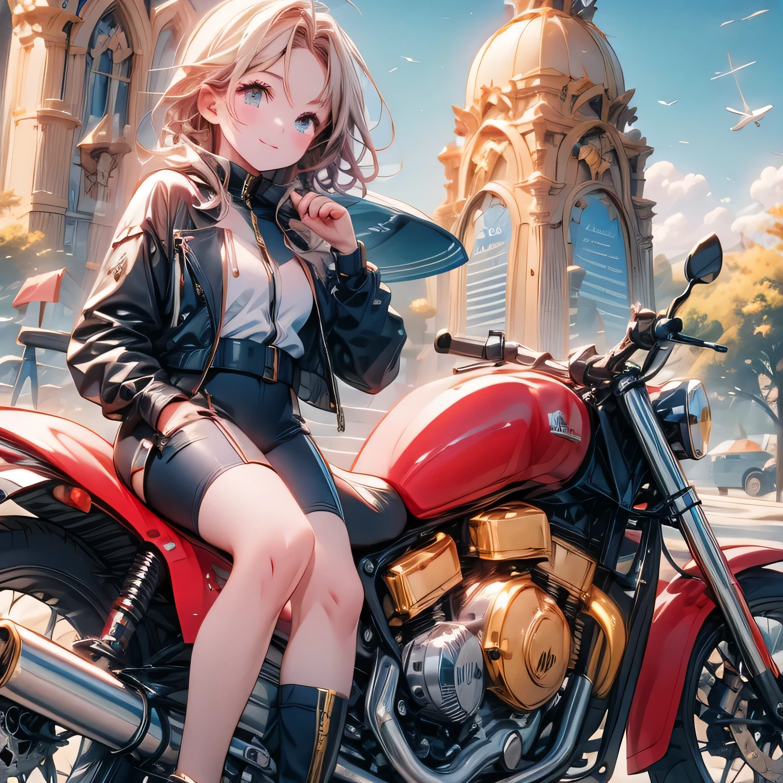 (masterpiece:1.3),(best quality:1.3),(high resolution:1.2),8k,Beautiful Girl on a Motorbike , pop and colorful anime