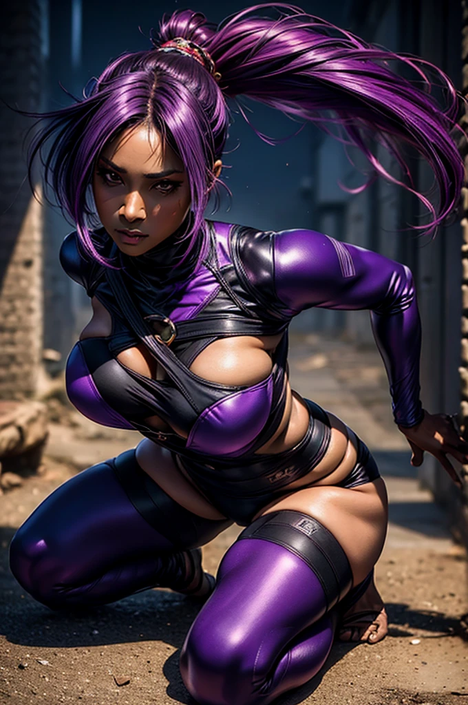 ( top quality and best ,8k, Kampala,masterpiece:1.2), digital art ,Woman in her 30s，Purple hair ,  ponytail hair，Dark Skin Tone，With a gentle expression,  head to toe detail ,  black tight ninja costume， clevis， sexy poses ，No Shadow