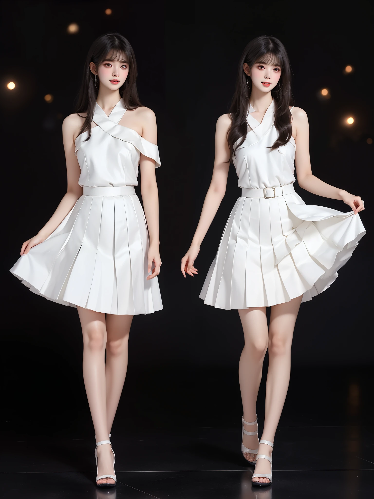 nogizaka_costume ((full body)), (Asian beauty: 1.3), girl, solo, ((single bare shoulder)), ((Pleated skirt, very short hemline)), (toned body: 1.2), (naturally large breasts: 1.1), (visible cleavage: 0.8), (smooth flawless skin: 1.2), (perfect anatomical proportions: 1.3), (anatomically correct legs: 1.3), (elegantly long legs: 1.3), 1.1) Hands gently lift the skirt, (detailed features: 1.2), (big bright eyes: 1.1), (long eyelashes: 1.1), charming smile, gentle and confident expression, Head slightly tilted, long flowing hair, (night scene: 1.1), (starry sky: 1.0), (space background: 0.9), (professional soft light: 1.2), (warm tone: 1.1), (Masterpiece: 1.4), (Super Detail: 1.3), (Sharp focus: 1.2), (Realistic: 1.2), (Hi-Fi: 1.1)