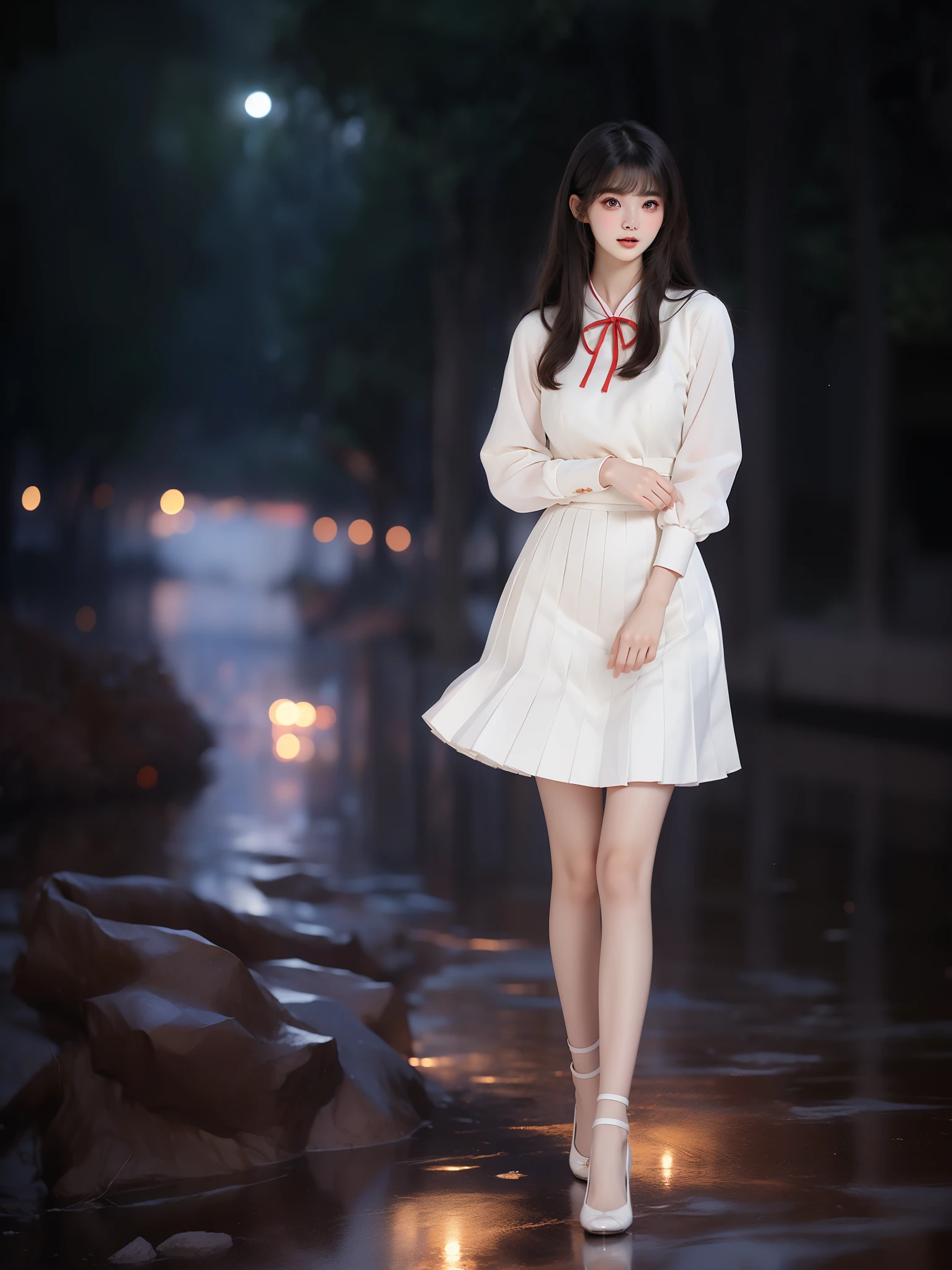 nogizaka_costume ((full body)), (Asian beauty: 1.3), girl, solo,  ((Pleated skirt, very short hemline)), (toned body: 1.2), (naturally large breasts: 1.1), (visible cleavage: 0.8), (smooth flawless skin: 1.2), (perfect anatomical proportions: 1.3), (anatomically correct legs: 1.3), (elegantly long legs: 1.3), 1.1) Hands gently lift the skirt, (detailed features: 1.2), (big bright eyes: 1.1), (long eyelashes: 1.1), charming smile, gentle and confident expression, Head slightly tilted, long flowing hair, (night scene: 1.1), (starry sky: 1.0), (space background: 0.9), (professional soft light: 1.2), (warm tone: 1.1), (Masterpiece: 1.4), (Super Detail: 1.3), (Sharp focus: 1.2), (Realistic: 1.2), (Hi-Fi: 1.1)