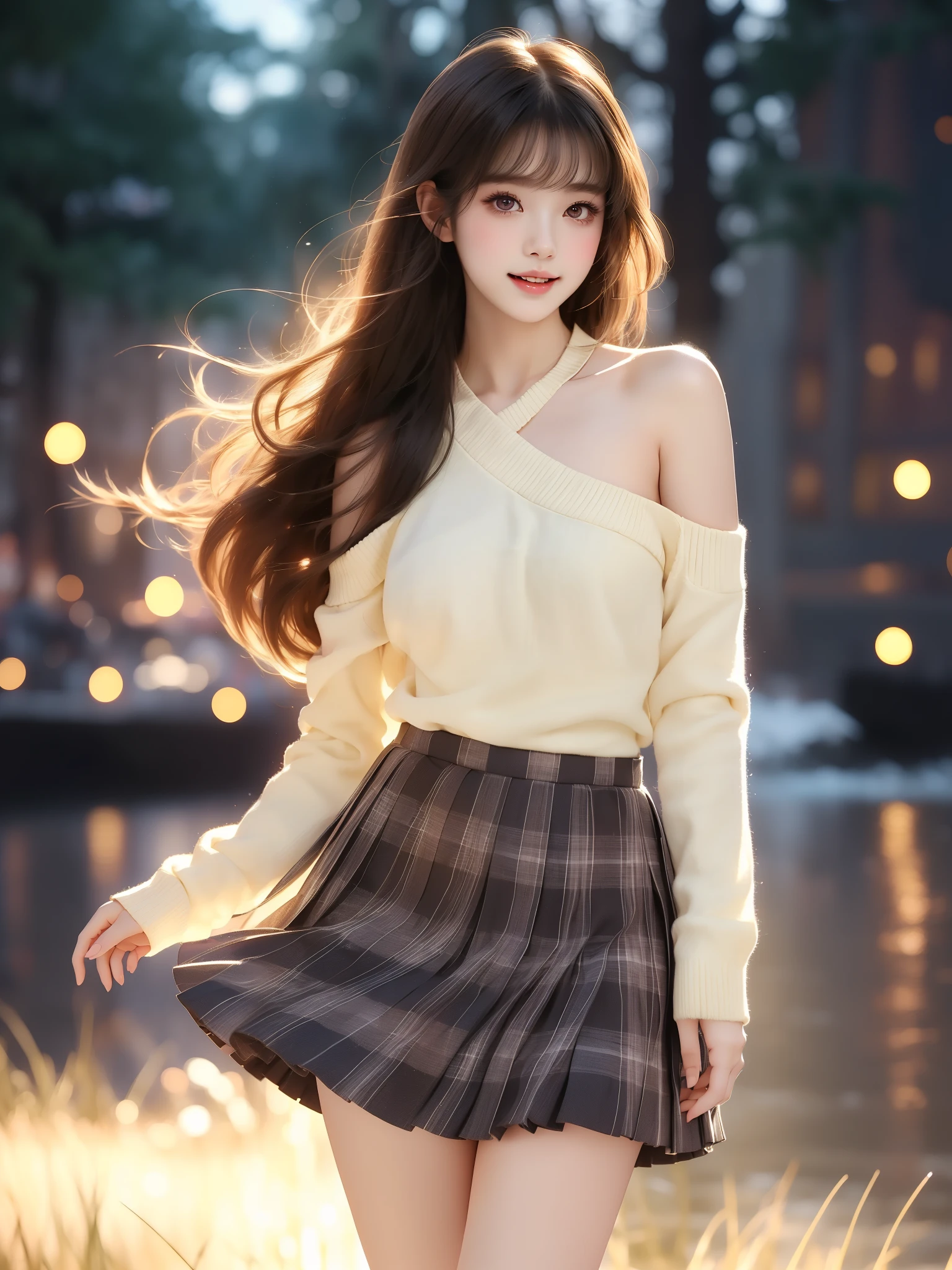 nogizaka_costume ((full body)), (Asian beauty: 1.3), girl, solo, ((single bare shoulder)), ((Pleated skirt, very short hemline)), (toned body: 1.2), (naturally large breasts: 1.1), (visible cleavage: 0.8), (smooth flawless skin: 1.2), (perfect anatomical proportions: 1.3), (anatomically correct legs: 1.3), (elegantly long legs: 1.3), 1.1) Hands gently lift the skirt, (detailed features: 1.2), (big bright eyes: 1.1), (long eyelashes: 1.1), charming smile, gentle and confident expression, Head slightly tilted, long flowing hair, (night scene: 1.1), (starry sky: 1.0), (space background: 0.9), (professional soft light: 1.2), (warm tone: 1.1), (Masterpiece: 1.4), (Super Detail: 1.3), (Sharp focus: 1.2), (Realistic: 1.2), (Hi-Fi: 1.1)