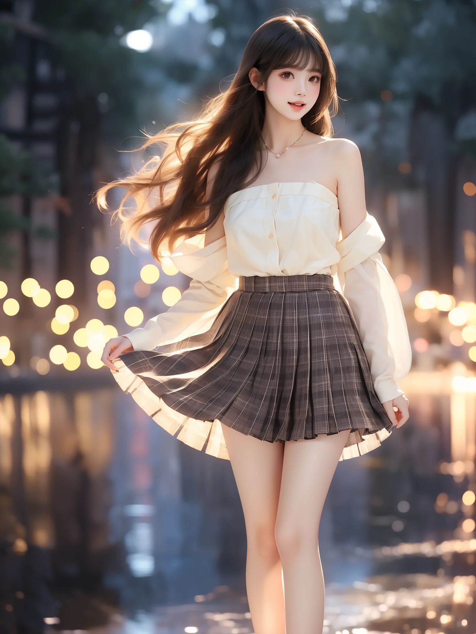 nogizaka_costume ((full body)), (Asian beauty: 1.3), girl, solo, ((single bare shoulder)), ((Pleated skirt, very short hemline)), (toned body: 1.2), (naturally large breasts: 1.1), (visible cleavage: 0.8), (smooth flawless skin: 1.2), (perfect anatomical proportions: 1.3), (anatomically correct legs: 1.3), (elegantly long legs: 1.3), 1.1) Hands gently lift the skirt, (detailed features: 1.2), (big bright eyes: 1.1), (long eyelashes: 1.1), charming smile, gentle and confident expression, Head slightly tilted, long flowing hair, (night scene: 1.1), (starry sky: 1.0), (space background: 0.9), (professional soft light: 1.2), (warm tone: 1.1), (Masterpiece: 1.4), (Super Detail: 1.3), (Sharp focus: 1.2), (Realistic: 1.2), (Hi-Fi: 1.1)