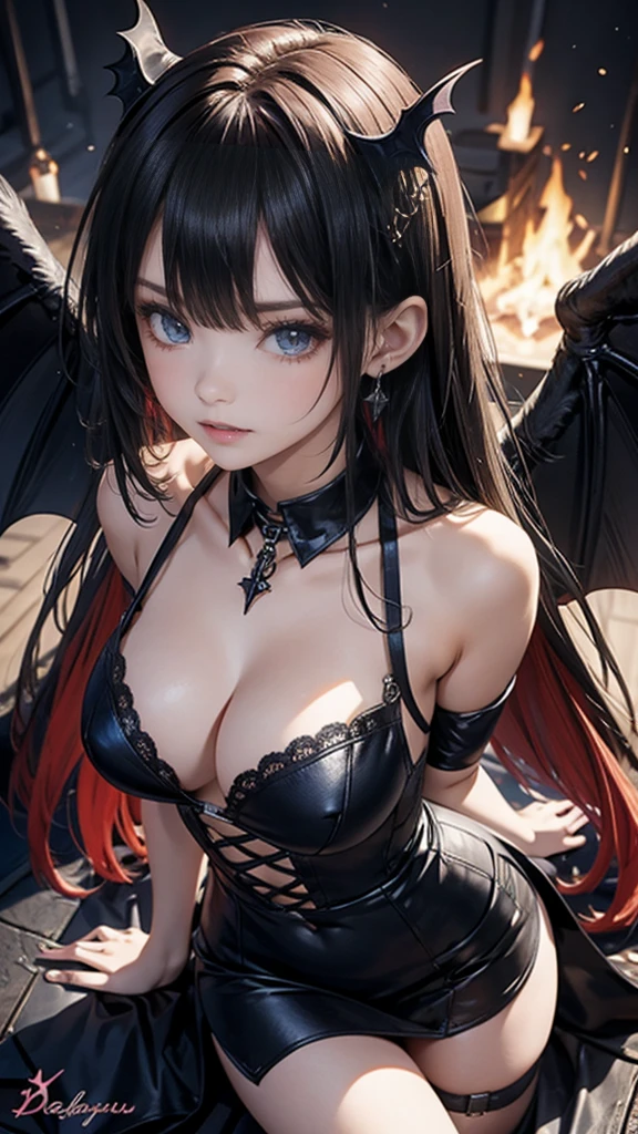 A gothic demon girl with bat-like wings on her shoulders, glowing fire hair by Dehya, winner of a pixiv contest, gothic art, a beautiful succubus, medieval succubus, demonic anime girl, gothic maiden anime girl, a beautiful and graceful demonic queen, a succubus in a tight short dress, a dark angel with a black dress and angelic wings inspired by a fox, 8k high quality detailed art