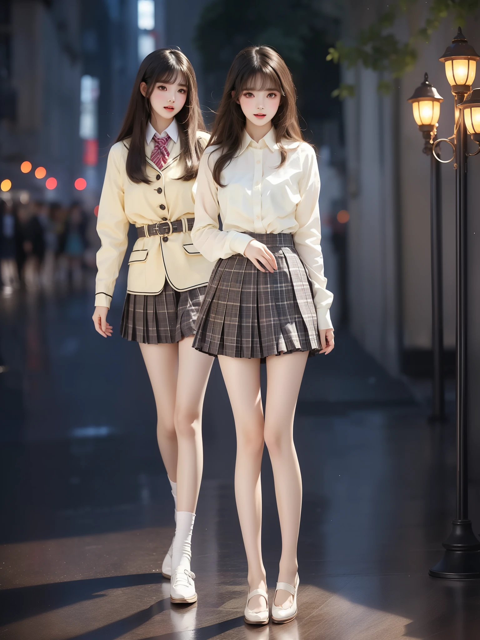 nogizaka_costume ((full body)), (Asian beauty: 1.3), girl, solo,  ((Pleated skirt, very short hemline)), (toned body: 1.2), (naturally large breasts: 1.1), (visible cleavage: 0.8), (smooth flawless skin: 1.2), (perfect anatomical proportions: 1.3), (anatomically correct legs: 1.3), (elegantly long legs: 1.3), 1.1) Hands gently lift the skirt, (detailed features: 1.2), (big bright eyes: 1.1), (long eyelashes: 1.1), charming smile, gentle and confident expression, Head slightly tilted, long flowing hair, (night scene: 1.1), (starry sky: 1.0), (space background: 0.9), (professional soft light: 1.2), (warm tone: 1.1), (Masterpiece: 1.4), (Super Detail: 1.3), (Sharp focus: 1.2), (Realistic: 1.2), (Hi-Fi: 1.1)