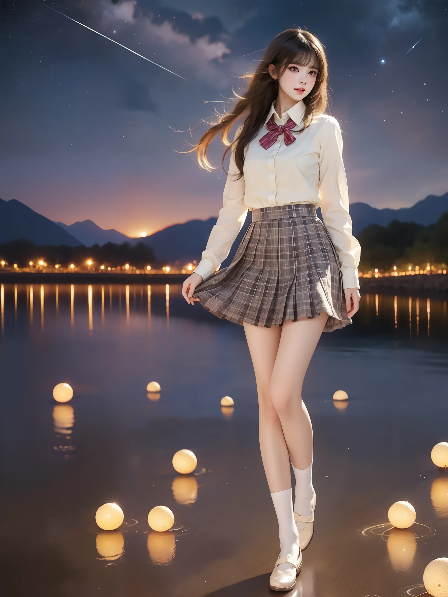 nogizaka_costume ((full body)), (Asian beauty: 1.3), girl, solo,  ((Pleated skirt, very short hemline)), (toned body: 1.2), (naturally large breasts: 1.1), (visible cleavage: 0.8), (smooth flawless skin: 1.2), (perfect anatomical proportions: 1.3), (anatomically correct legs: 1.3), (elegantly long legs: 1.3), 1.1) Hands gently lift the skirt, (detailed features: 1.2), (big bright eyes: 1.1), (long eyelashes: 1.1), charming smile, gentle and confident expression, Head slightly tilted, long flowing hair, (night scene: 1.1), (starry sky: 1.0), (space background: 0.9), (professional soft light: 1.2), (warm tone: 1.1), (Masterpiece: 1.4), (Super Detail: 1.3), (Sharp focus: 1.2), (Realistic: 1.2), (Hi-Fi: 1.1)