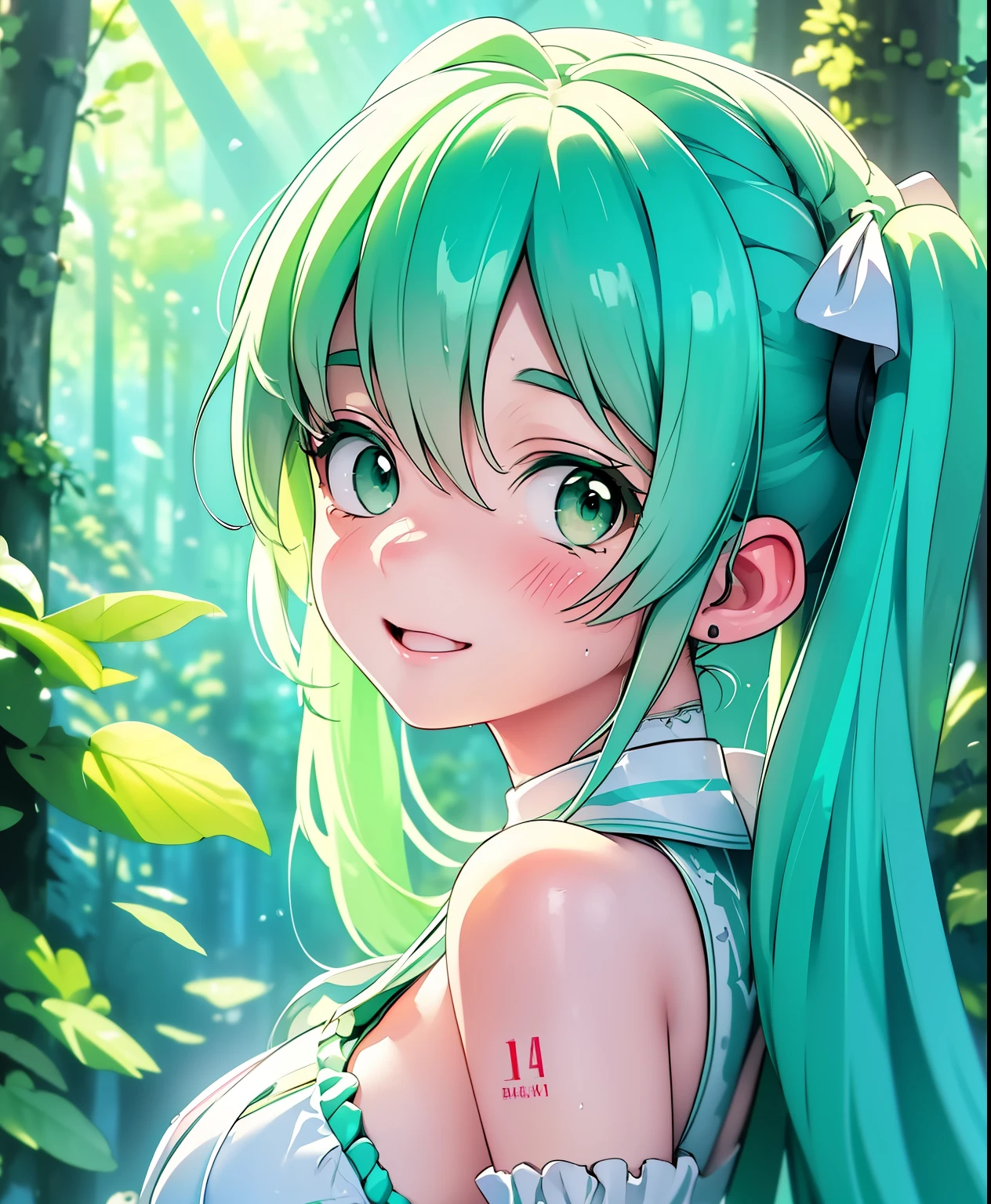 (masterpiece、Best Quality、Best Quality、Official Art、Beautiful and beautiful:1.2)、(One person:1.3) Hatsune Miku、 twin tails,Beautiful breasts,Happy girl, Center,  looking at camera ,  close to perfect , dynamic, (With shades of blue (( forest green 1.5)))), Advanced Details,  DIGITAL PAINTING ,  Art Station ,  concept art, ,  sharp concentration , Illustration, Works by Carne Griffiths and Wadim Kashin, Detailed face, 4K