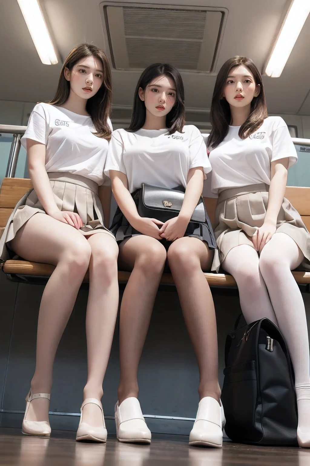 Masterpiece, long hair, looking at viewer, smile, bangs, (Three girls in:1.2), brown hair, shirt, black hair, short sleeves, brown eyes,  bob hair, minimum white T-shirt, (White pleated skirt:1.2), open legs, Lofer shoes, (Black pantyhose:1.2), bag, brown footwear, loafers, school bag, Train seat, Sitting, (Plump breast:1.2), (From below:1.2)