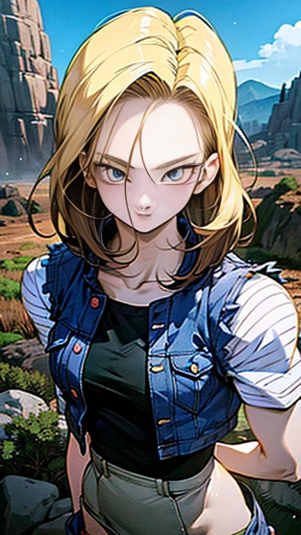 best quality, highres, and18, 1girl, android 18, solo, blonde hair, blue eyes, belt, jeans, pearl_necklace, bracelet, black gloves, white shirt, short hair, short sleeves, earrings, blue pants, open vest, black vest, large breasts, (ruins:1.3), (torn clothes:1.5), sitting, expressionless, crossed legs, cleavage