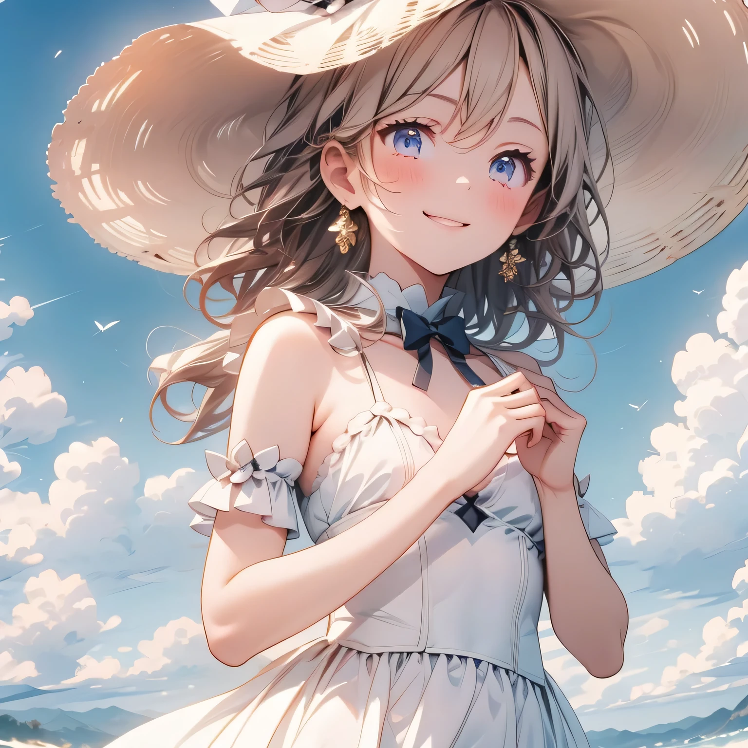 (masterpiece:1.3),(best quality:1.3),(high resolution:1.2),8k,Beautiful girl wearing a straw hat, lace dress,Colourful, minimally spreading, and cascading swirling waves