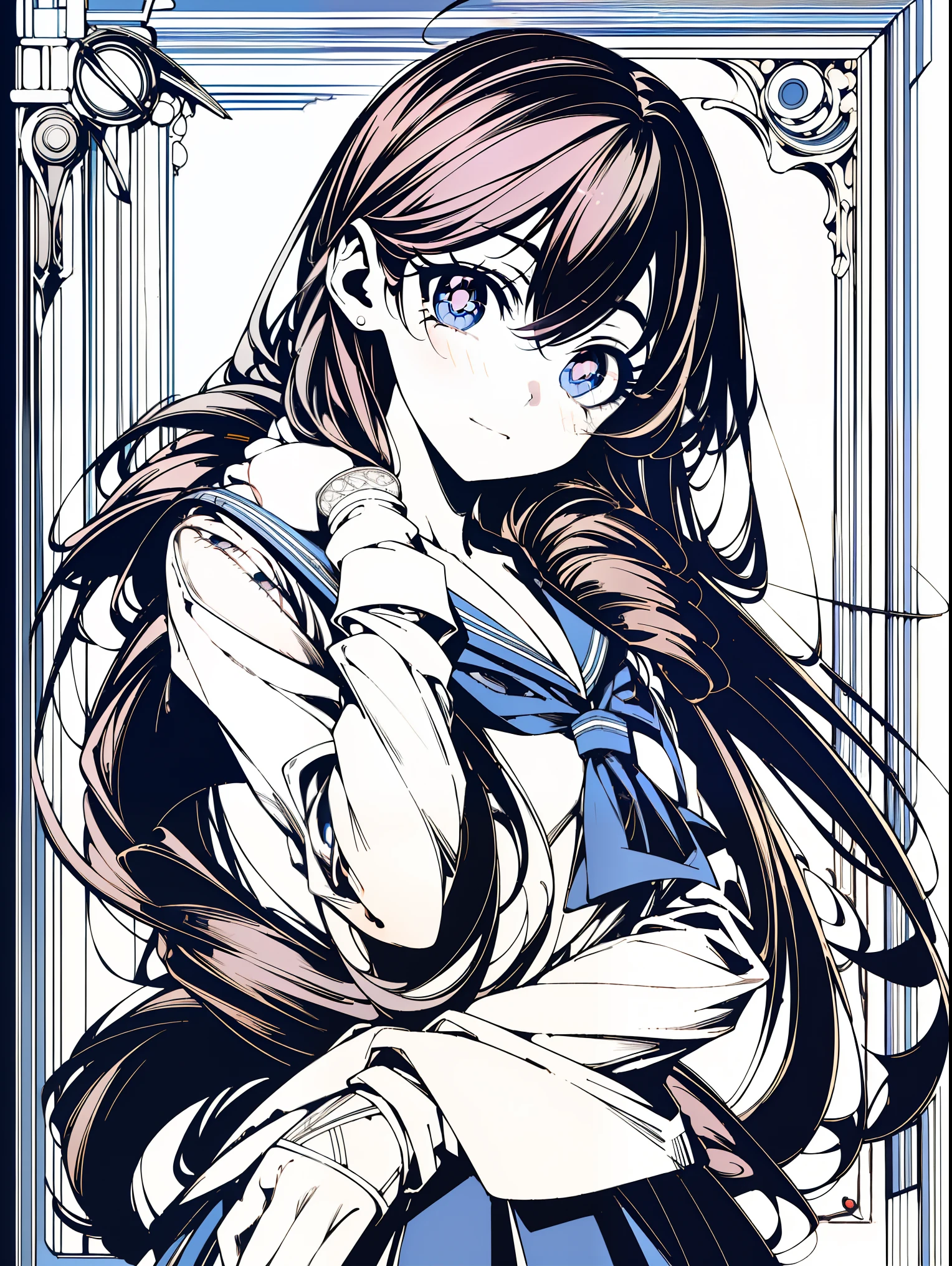 a beautiful young schoolgirl in a sailor uniform, with an adorable, detailed, and expressive face, captivating blue eyes, and finely detailed long hair, in a stylish v5lcn anime style, (best quality, masterpiece:1.2), (anime style, comical noir style:1.1), cute and charming, extremely detailed eyes and face, extra detailed hair, 8k, high resolution