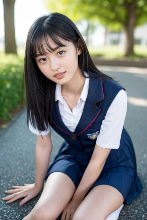 1Girl,((School uniform slush,light grin smile, Sitting,exteriors,