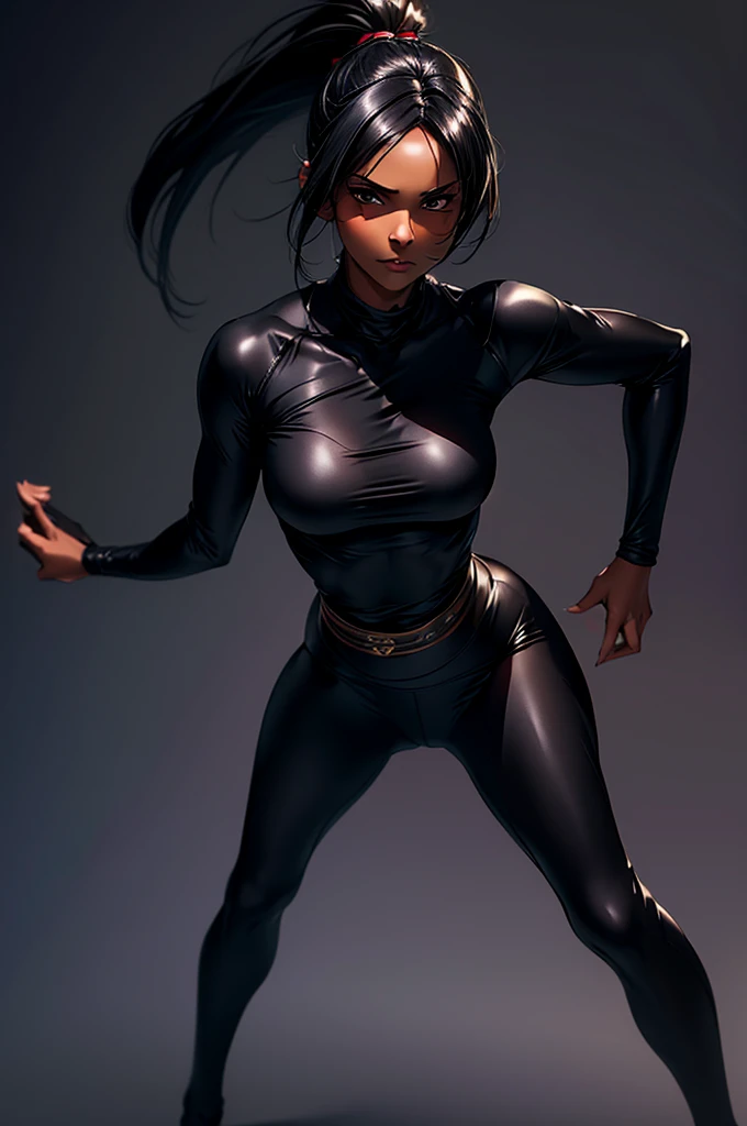 ( top quality and best ,8k, Kampala,masterpiece:1.2), digital art ,Woman in her 30s，With jet black hair,  ponytail hair，Dark Skin Tone，With a gentle expression,  head to toe detail ,  black tight ninja costume， clevis， sexy poses ，No Shadow