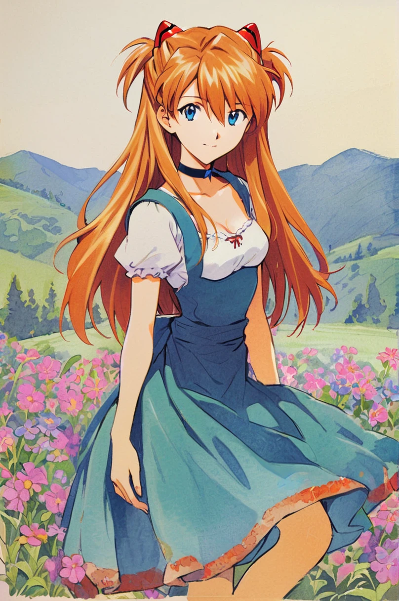 water colour painting, Sohryu Asuka Langley, 1girl, solo, long hair, orange hair, bangs, hair between eyes, two side up, hair ornament, interface headset, blue eyes, open smile, black choker, dirndl dress, hilly background, flowers in the background, looking at viewer, cowboy shot, soft colours, traditional media
