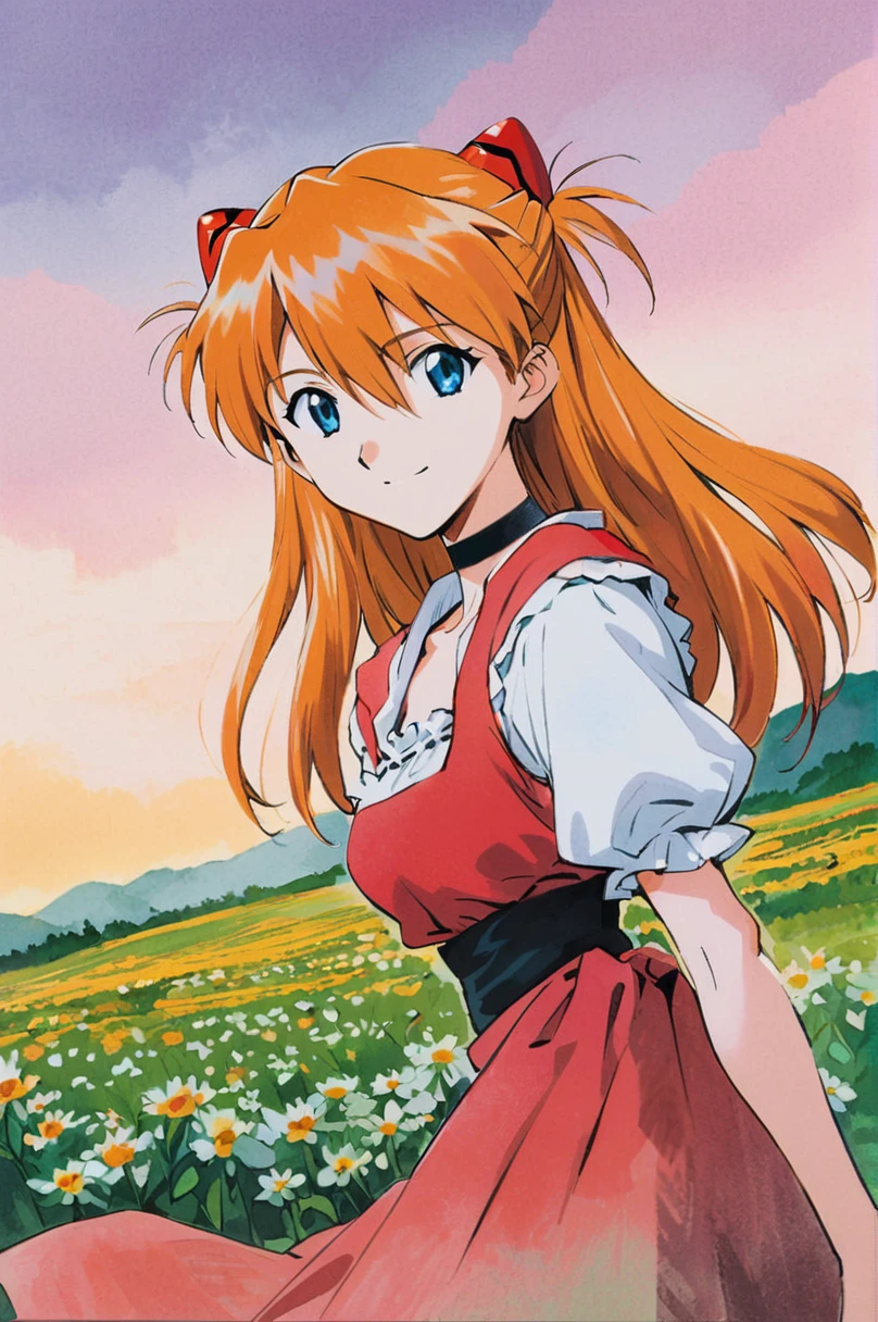 water colour painting, Sohryu Asuka Langley, 1girl, solo, long hair, orange hair, bangs, hair between eyes, two side up, hair ornament, interface headset, blue eyes, open smile, black choker, dirndl dress, hilly background, flowers in the background, looking at viewer, cowboy shot, soft colours, traditional media
