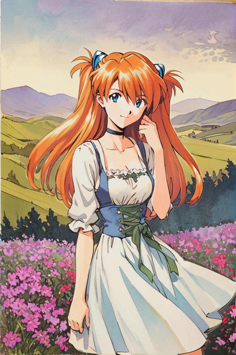 water colour painting, Sohryu Asuka Langley, 1girl, solo, long hair, orange hair, bangs, hair between eyes, two side up, hair ornament, interface headset, blue eyes, open smile, black choker, dirndl dress, hilly background, flowers in the background, looking at viewer, cowboy shot, soft colours, traditional media
