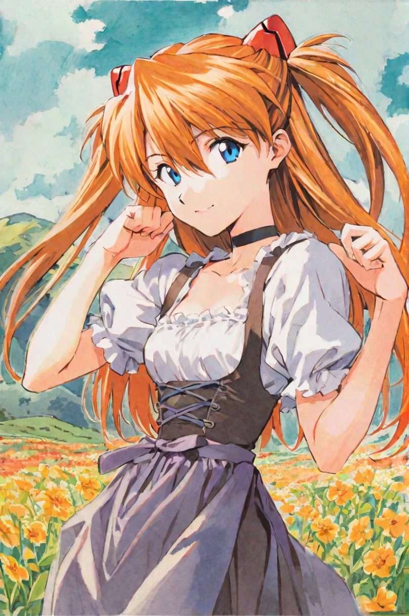 water colour painting, Sohryu Asuka Langley, 1girl, solo, long hair, orange hair, bangs, hair between eyes, two side up, hair ornament, interface headset, blue eyes, open smile, black choker, dirndl dress, hilly background, flowers in the background, looking at viewer, cowboy shot, soft colours, traditional media
