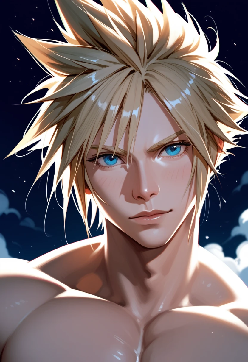 1 boy,Cloud Strife,Final Fantasy 7,handsome,face focus,portrait,dark background,night