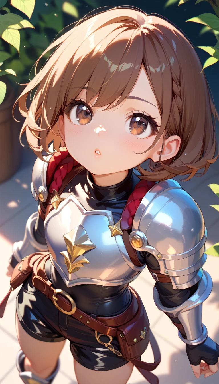  masterpiece、 high definition、 angle from the front 、Young Girl、Short brown hair、dark brown eyes 、 large leather armor 、Shorts、Chibi, looking up at me