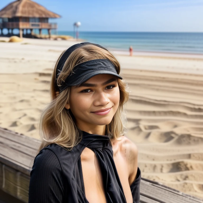 (zendaya:.4), (32k:1.5, Highest quality, masterpiece, Ultra-high resolution), Professional camera work:1.6, Highly detailed skin and face textures:1.3, Captivating portrait:1.2, Very accurate, Very detailed, 1 adult female, ((action pose:1.4)) Incredibly slim body, sense of loss, Sadness, Expressions of sadness,  Small face, ((long blond hair:1.3)), (medium shot), ((wearing long black dress:1.2)), ((on a pier of a sandy beach:1.5)), ((side boob)), ((visor cap:1.4)), ((smiling:1.1)), ((smug face:1.3))