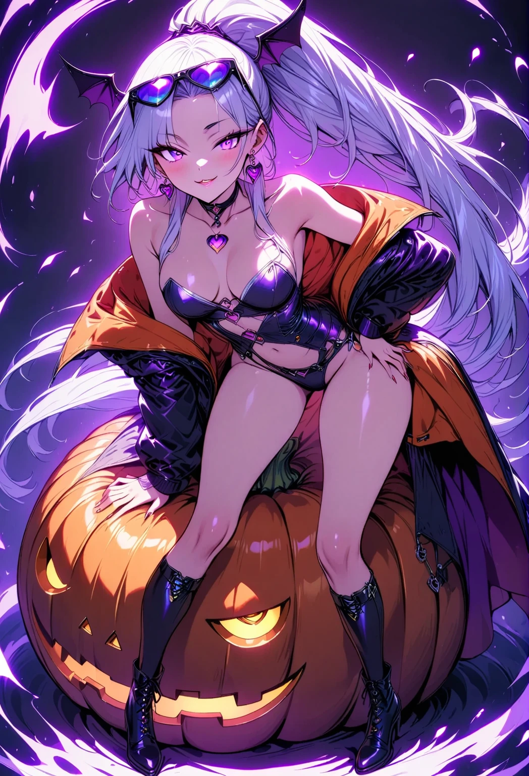  young beautiful woman,(Best Quality,Very detailed depiction, Incredible High Resolution, Sharp Teeth Like a Beast ,High quality anime drawings),(Halloween little devil),(Succubus Costume, orange costume showing chest, wearing sunglasses on her head, earrings with cups, choker,Black tights,boots),(Silver Hair, ponytail,Purple Eyes, Eyes Half Closed :1.2,Glossy lips,A seductive smile:1.2, beautiful skin in NFSW,Beautiful legs,Model pose,Standing posture:1.3),(Full body image:1.3),Purple light:1.3,Side view:1.3, Jack O Lantern, Halloween Atmosphere