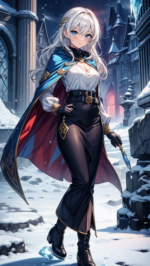 ((masterpiece, best quality:1.3, high detail)), beautiful serious woman looking at viewer, long wavy hair, (white hair), hairpin, bright blue eyes, dark blue, (white blouse long sleeves), coat, (blue midi pencil skirt), ((long skirt)), belt, gloves, boots, collarbone, ((atmospheric, magic, ice)), stone, snowy ruins, purple sky, (blue cloak), fantasy, lower body, 