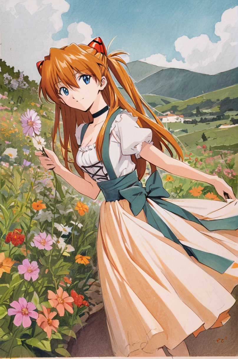 water colour painting, Sohryu Asuka Langley, 1girl, solo, long hair, orange hair, bangs, hair between eyes, two side up, hair ornament, interface headset, blue eyes, open smile, black choker, dirndl dress, hilly background, flowers in the background, looking at viewer, holding a Lur, cowboy shot, soft colours, traditional media
