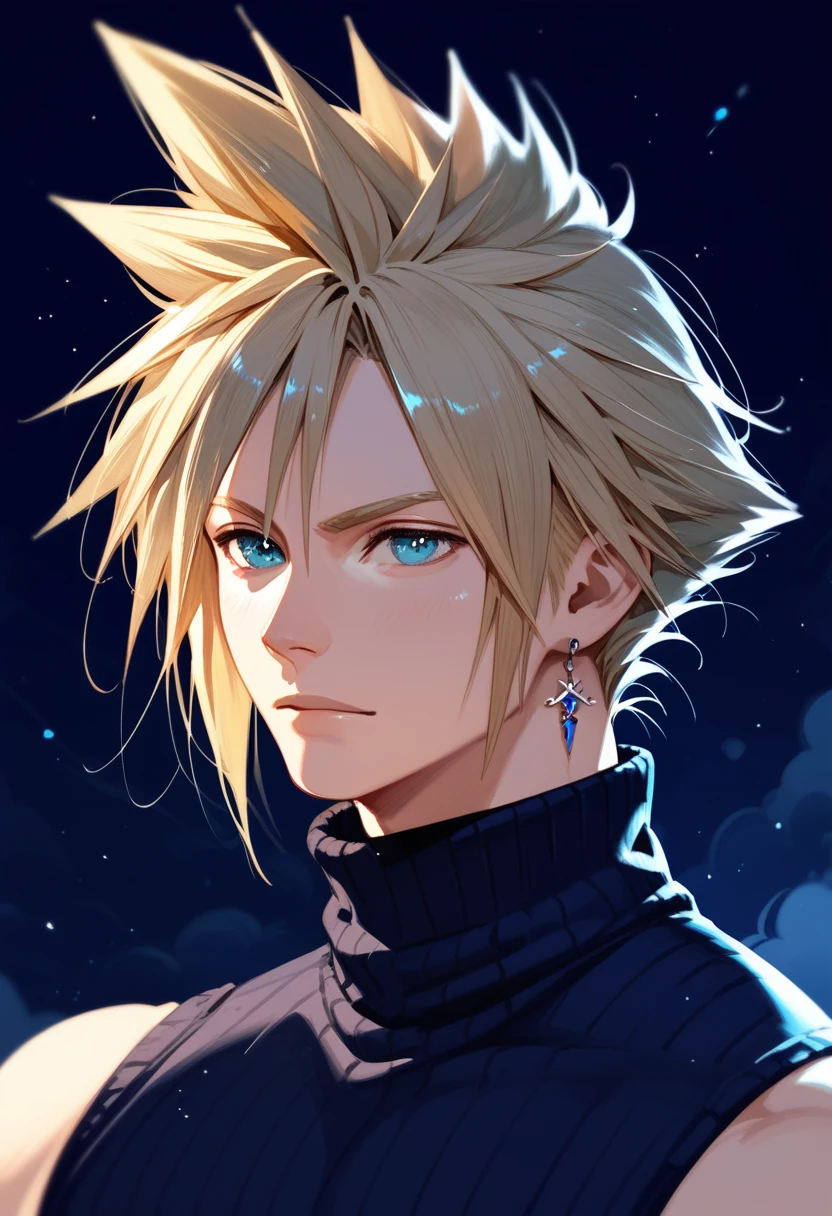 1 boy,Cloud Strife,Final Fantasy 7,handsome,portrait,dark-colored nosleeve turtleneck,single earring,dark background,night,cowboy shot