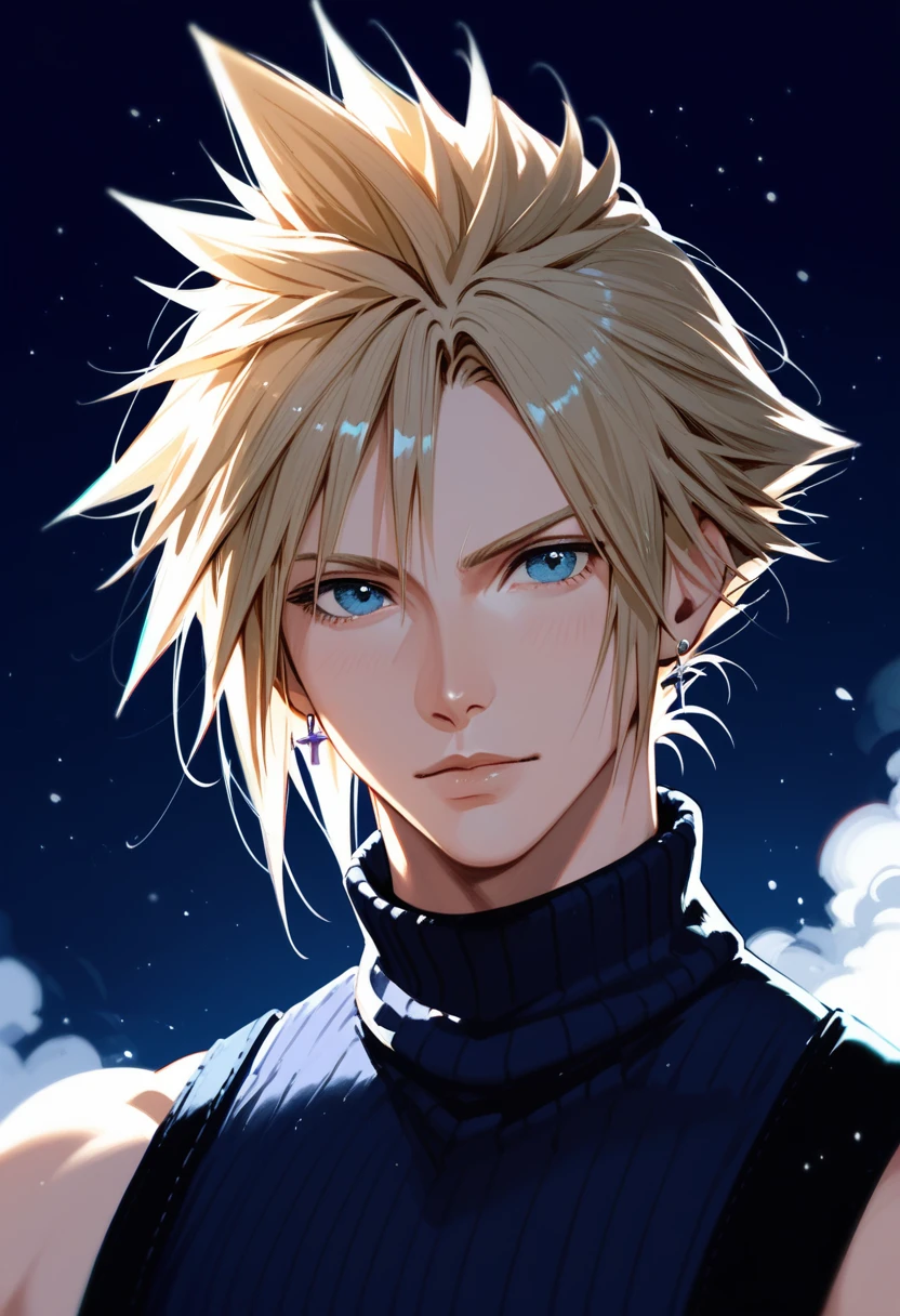 1 boy,Cloud Strife,Final Fantasy 7,handsome,portrait,dark-colored nosleeve turtleneck,single earring,dark background,night,cowboy shot