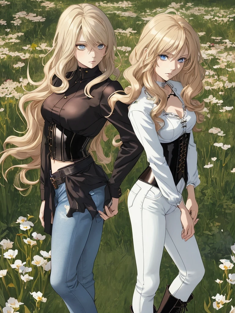 Anime style scene with a 21-year-old female character with a mature face, arching her back, and an adolescent boy standing behind her, looking at her. The woman has long, waist-length, wavy blond hair, V bangs, and blue eyes, wearing a white blouse with a chocolate-colored corset over it, skinny tight blue jeans, and high boots. The boy has short dark hair, a slim build, and is wearing casual clothes. They are in a vibrant spring field at midday, with the boy's gaze focused on the woman, creating a dynamic and intriguing atmosphere.