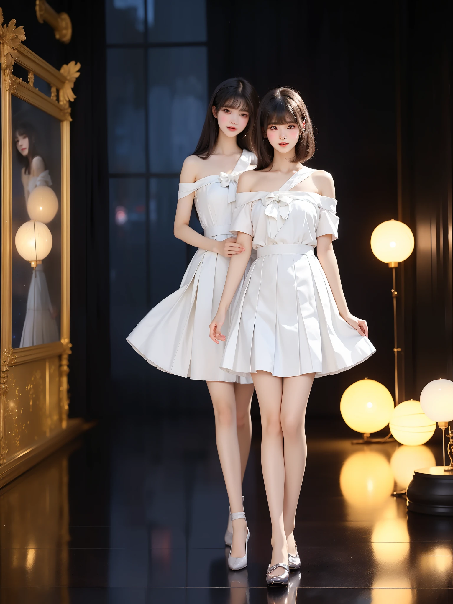 nogizaka_costume ((full body)), (Asian beauty: 1.3), girl, solo, ((single bare shoulder)), ((Pleated skirt, very short hemline)), (toned body: 1.2), (naturally large breasts: 1.1), (visible cleavage: 0.8), (smooth flawless skin: 1.2), (perfect anatomical proportions: 1.3), (anatomically correct legs: 1.3), (elegantly long legs: 1.3), 1.1) Hands gently lift the skirt, (detailed features: 1.2), (big bright eyes: 1.1), (long eyelashes: 1.1), charming smile, gentle and confident expression, Head slightly tilted, long flowing hair, (night scene: 1.1), (starry sky: 1.0), (space background: 0.9), (professional soft light: 1.2), (warm tone: 1.1), (Masterpiece: 1.4), (Super Detail: 1.3), (Sharp focus: 1.2), (Realistic: 1.2), (Hi-Fi: 1.1)