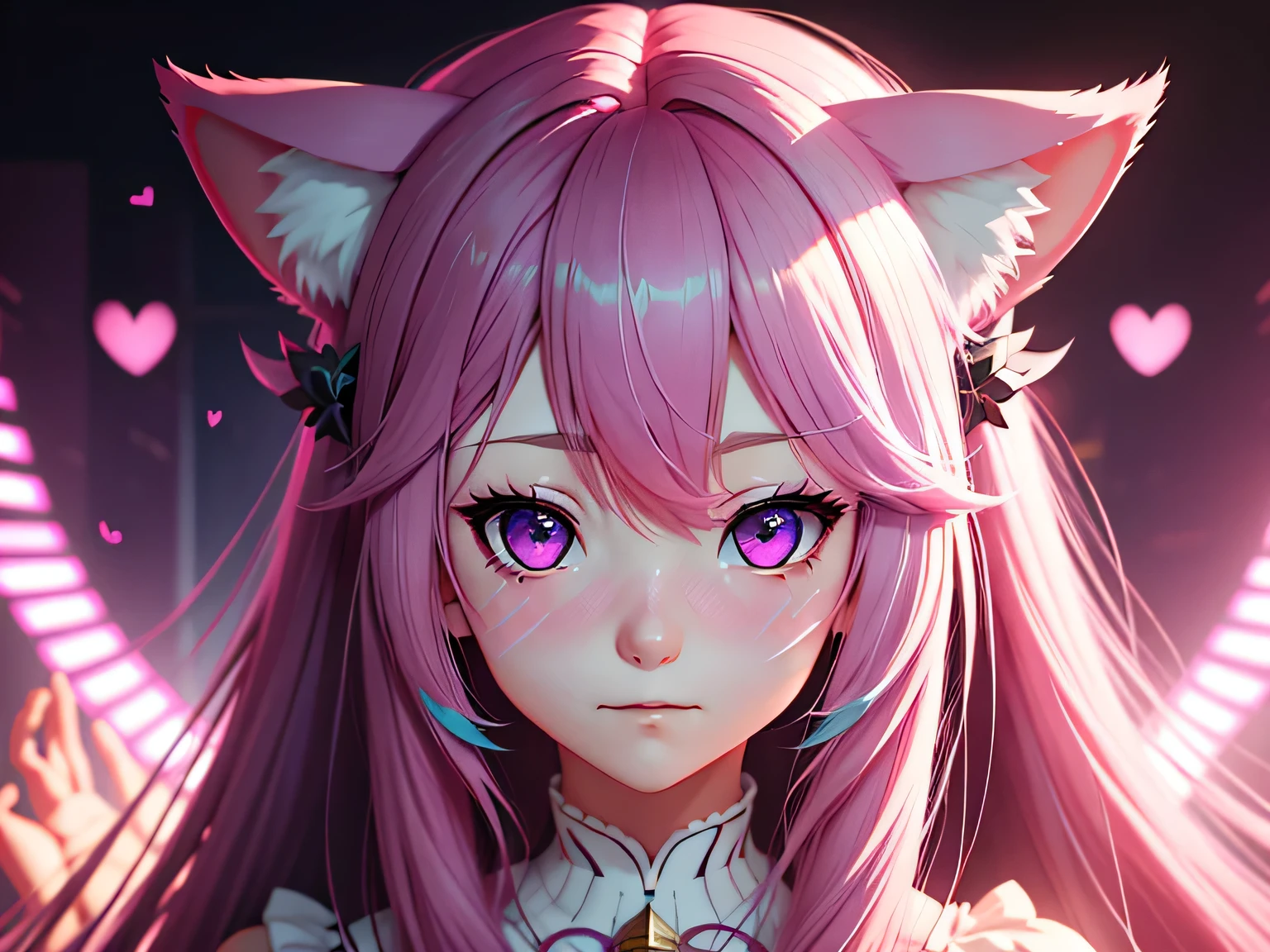  pink hair、Long Hair、Cat hair accessories、Purple Eyes、Fox Ears、Embarrassed face、Hearts in eyes、Anime Style、 cinematic lighting 、Ray Tracing、Reflected Light、throw、8k、 super detail、correct、Best Quality、Textured skin 